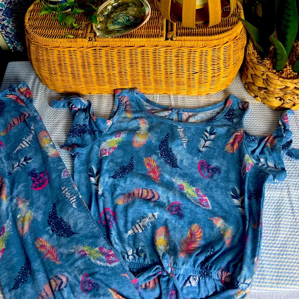 7Y MUDD Long Pant Jumpsuit Romper w Blue Feather detail elastic waist line